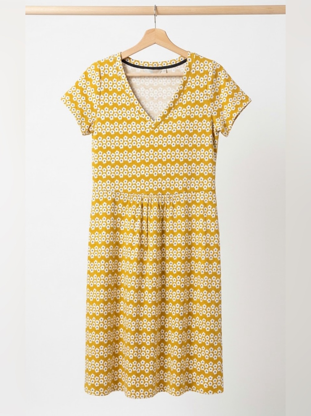 Boden Penelope Jersey V-Neck Floral Midi Dress Mustard Yellow